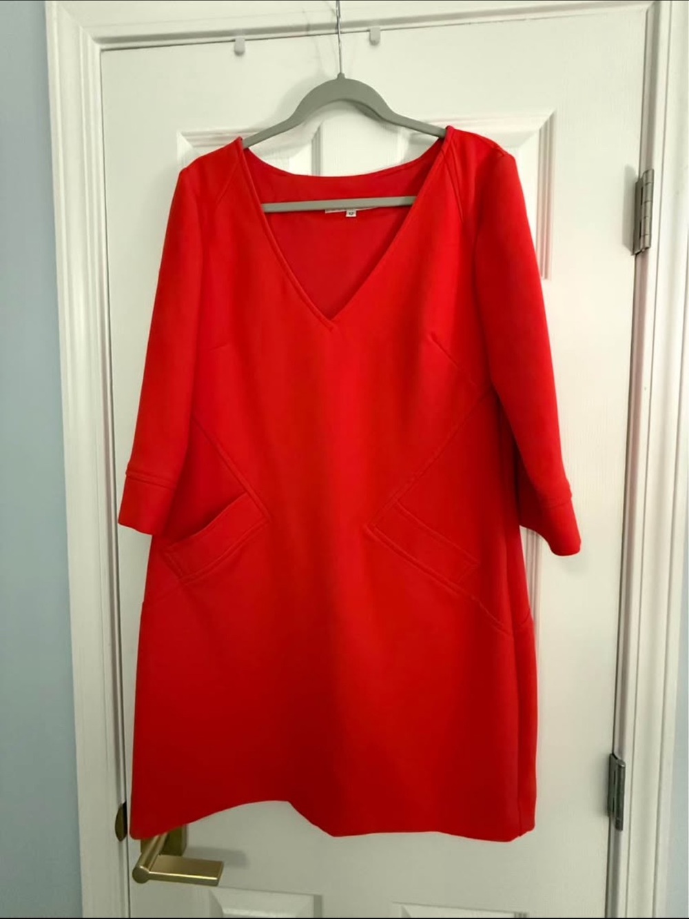 Trina Turk Bright Red V-Neck Midi Dress with Pockets, NWOT